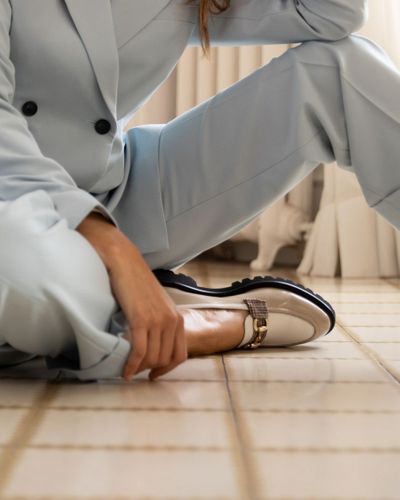 Pale blue suit and chunky loafers